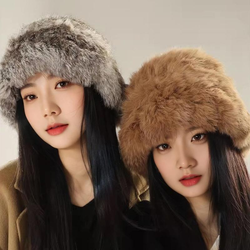 Rabbit Haired Hat Women's Face In Autumn and Winter Small Furry Plush Hat Warm Ear Protection Fur Big Head Fisherman Hat Trend