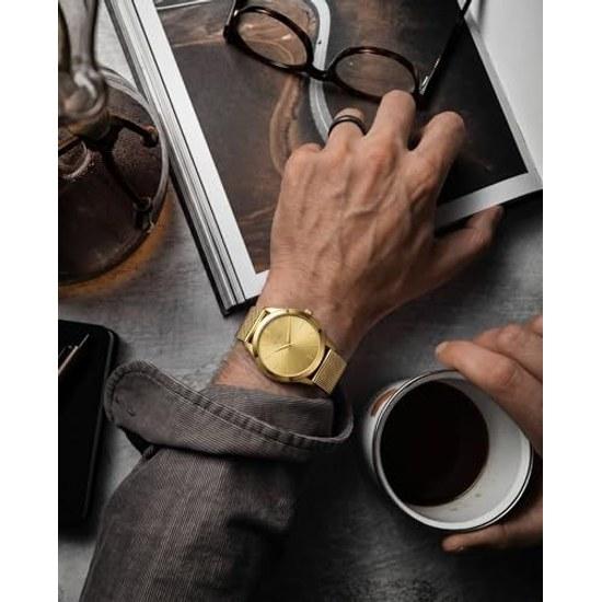 BUREI mens wristwatch gold Japanese quartz waterproof date silver stainless steel band simple stylish watch