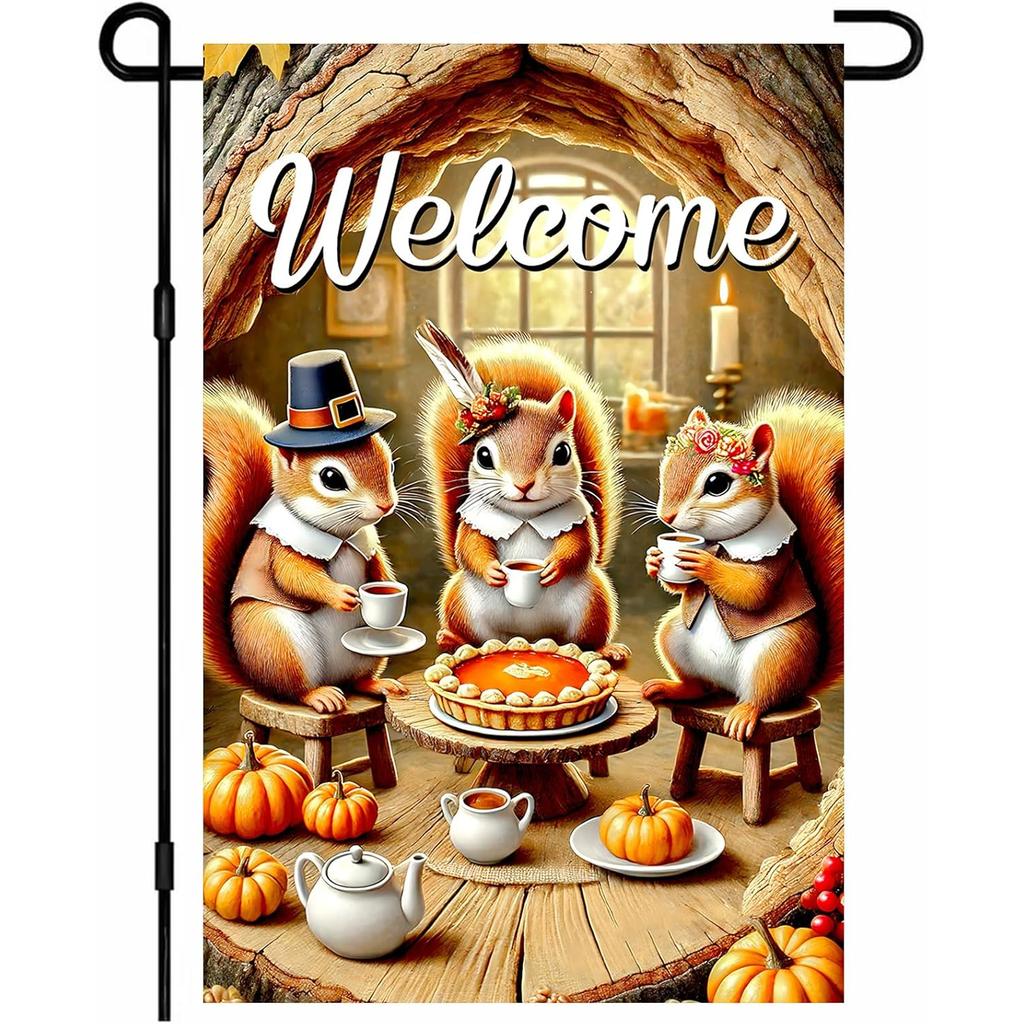 Thanksgiving Garden Flag Cute Squirrels Tea Party Welcome Yard Flag Fall Pumpkin Pie Decor Autumn Harvest Outdoor Decoration for Porch Lawn