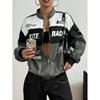 Womens Racing Jacket Casual All-match Letter Print Stand Collar Zip Up Everyday Outerwear