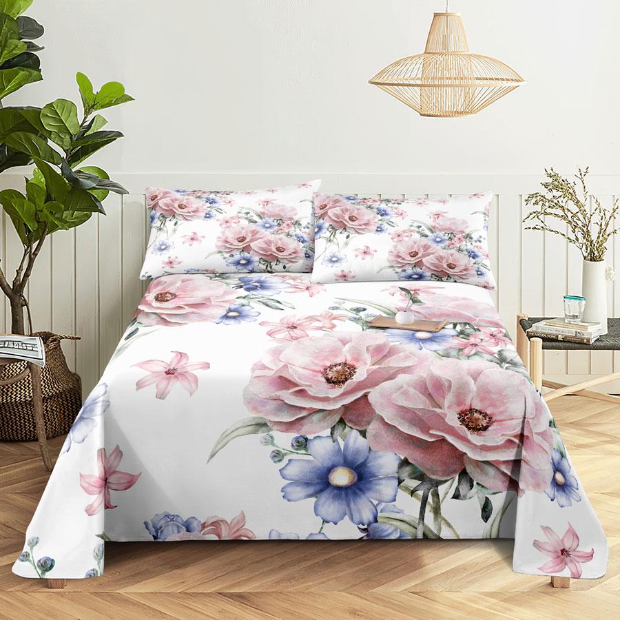 Bedsheets Set With Pillows Case Queen Size Soft Bed Sheets And Pillowcases For Single Double Beds Twin Pink Flower Thin Fabric