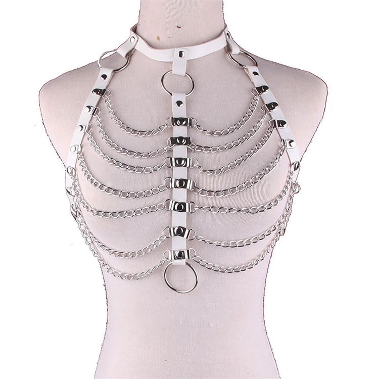 Punk Layered Body Chain Black Leather Bra Caged Harness Choker Bra Chains for Night Club Gothic Top