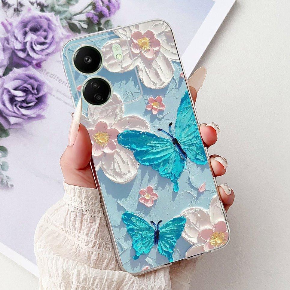 For Xiaomi Redmi 13C 5G 4G  Back Bumper Redmi 13 4G Colorful Butterfly Flower Painting Phone Case Transparent Soft TPU Silicone