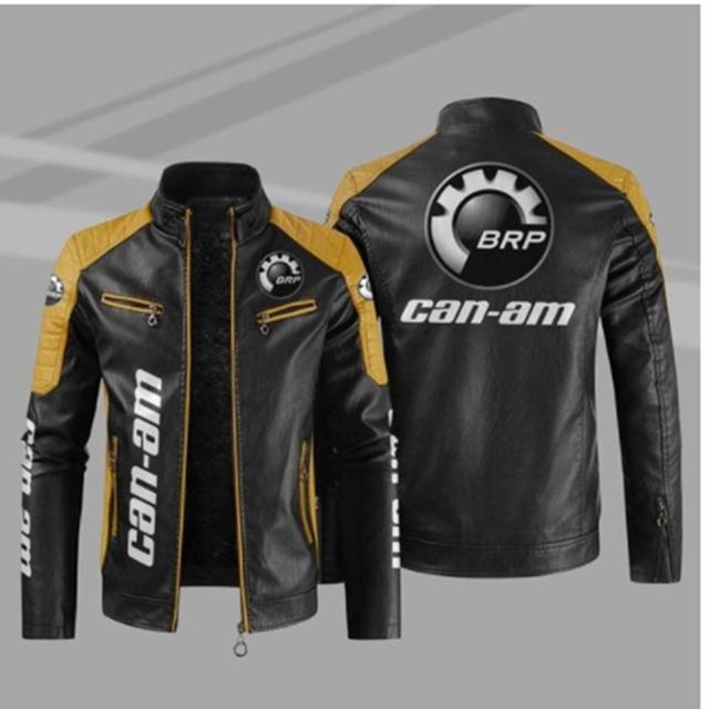 Men's PU Leather Winter Can-am Logo Fashion Motorcycle Bomber Zipper Long Sleeve Jacket Outwear Keep Warm Male Coat