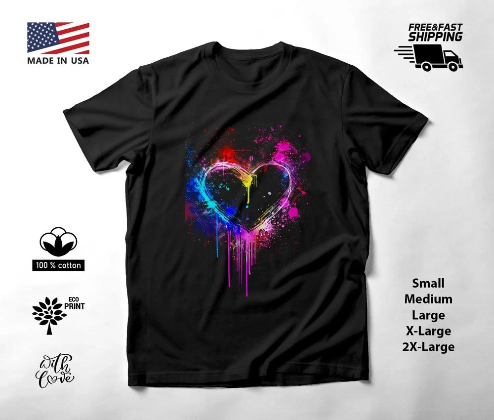 Colorful Heart Neon Graphic T-Shirt Black Unisex S-2XL