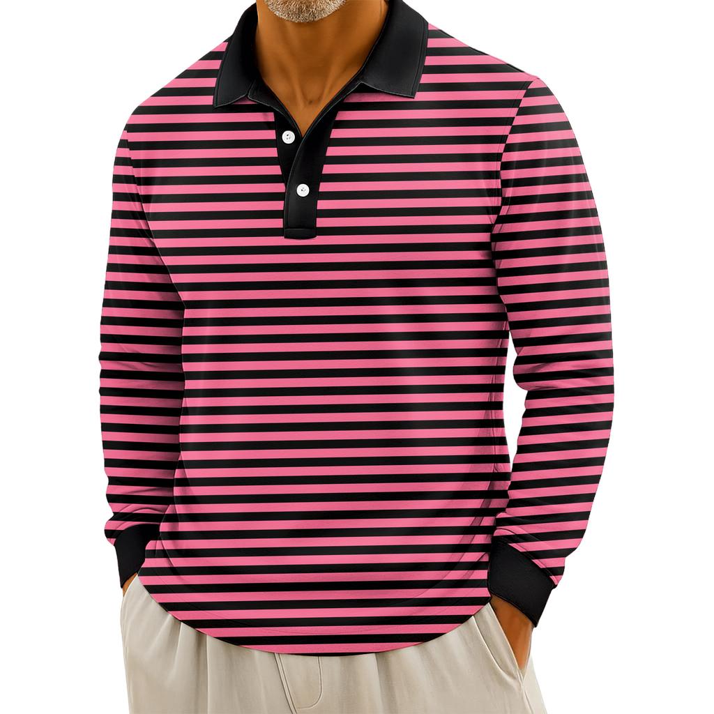 Men's Casual Striped Print Button-Up Long-Sleeve Tops