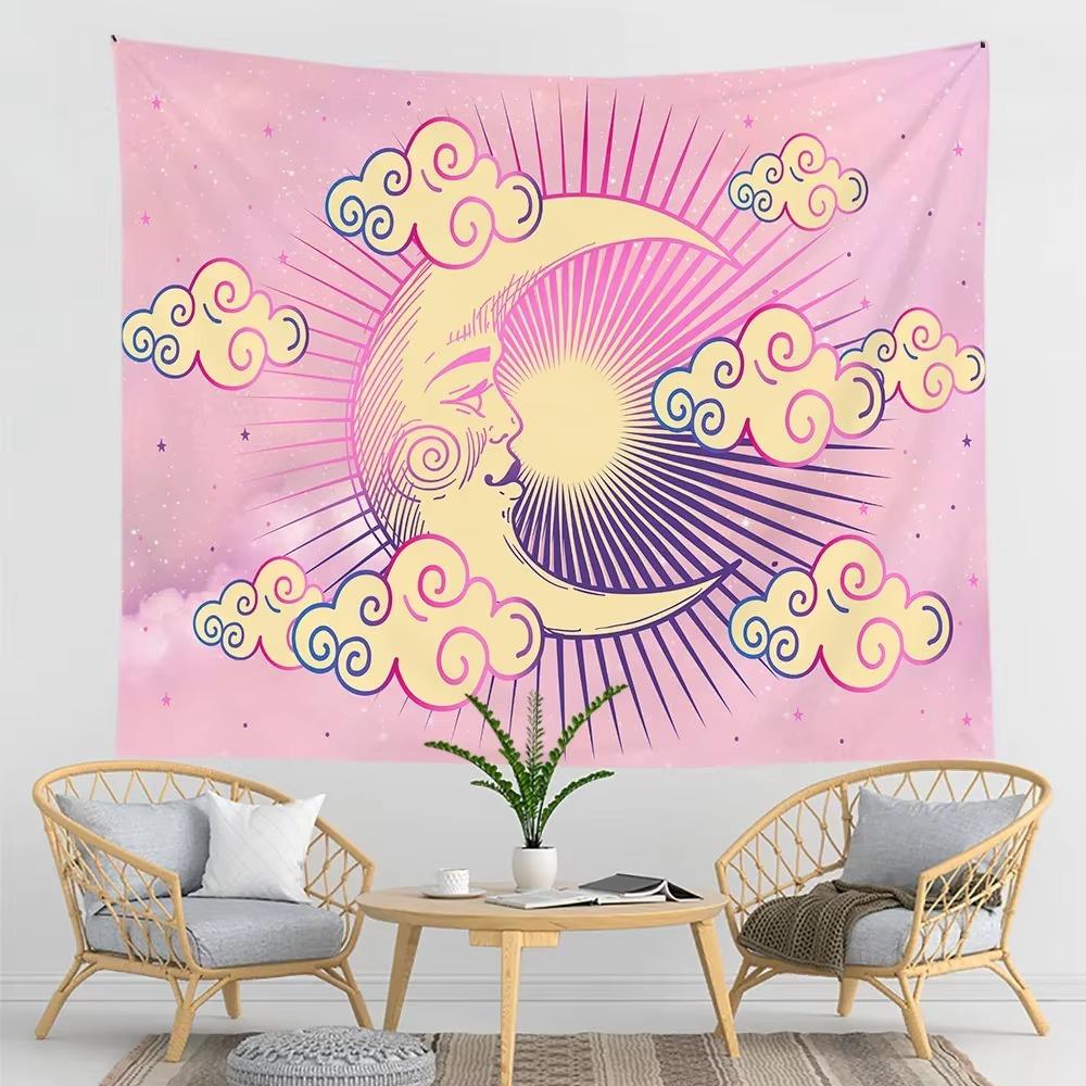 VIKAMA Pink Moon Cloud Boho Tapestry Aesthetic Celestial Wall Hanging for Bedroom Living Room Dorm Yoga Decor