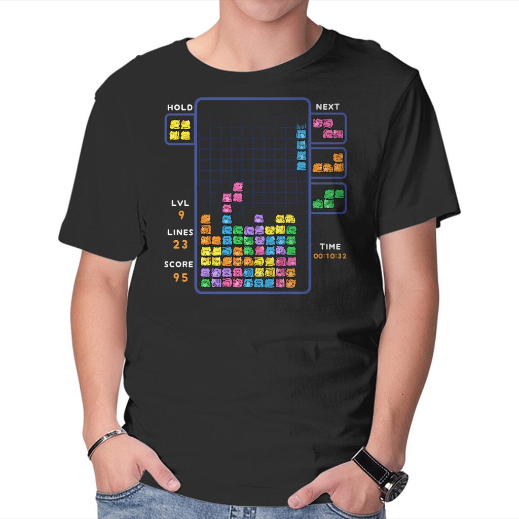 Unisex Crew Neck T-Shirt Tetris Cats Graphic Short Sleeve Casual Tee