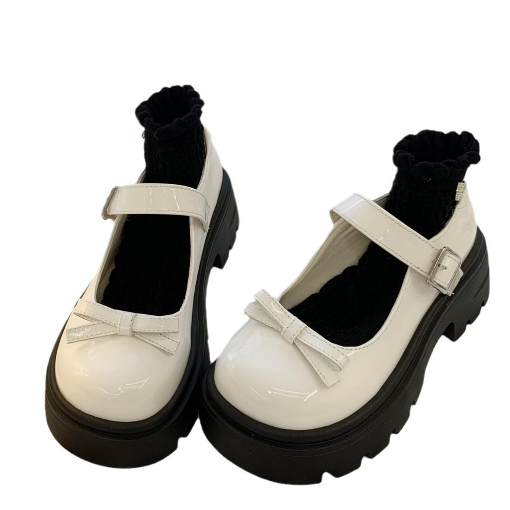 Thick-soled Mary Jane Small Leather Shoes for Women's British Style 2025 New One-word Mouth with Bow, Light Mouth Single Shoes for Women