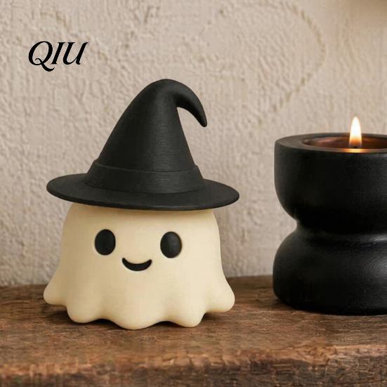 Minimalist Cartoon Ghost Decorations Halloween Ornament, with Wizard Hat, 3D Printed Cute Figurines, Figurines Hat Compact Matte Desktop Statues, for
