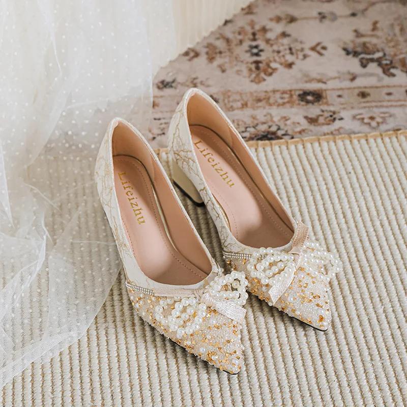 Женская обувь Роскошные туфли-лодочки Красивая жемчужная цепочка Бант Туфли на высоком каблуке Девочка Вечернее платье Туфли