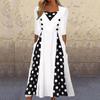 Square Neck Half Sleeve High-Waist Midi Dress Dot Stitching Print Large Hem Lady Dress Workwear