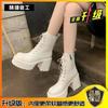 Round Head Thick Heel Lace-up Martin Boots High Heel Waterproof Platform Platform Platform Short Boots Small Retro White Soft Leather Boots Women