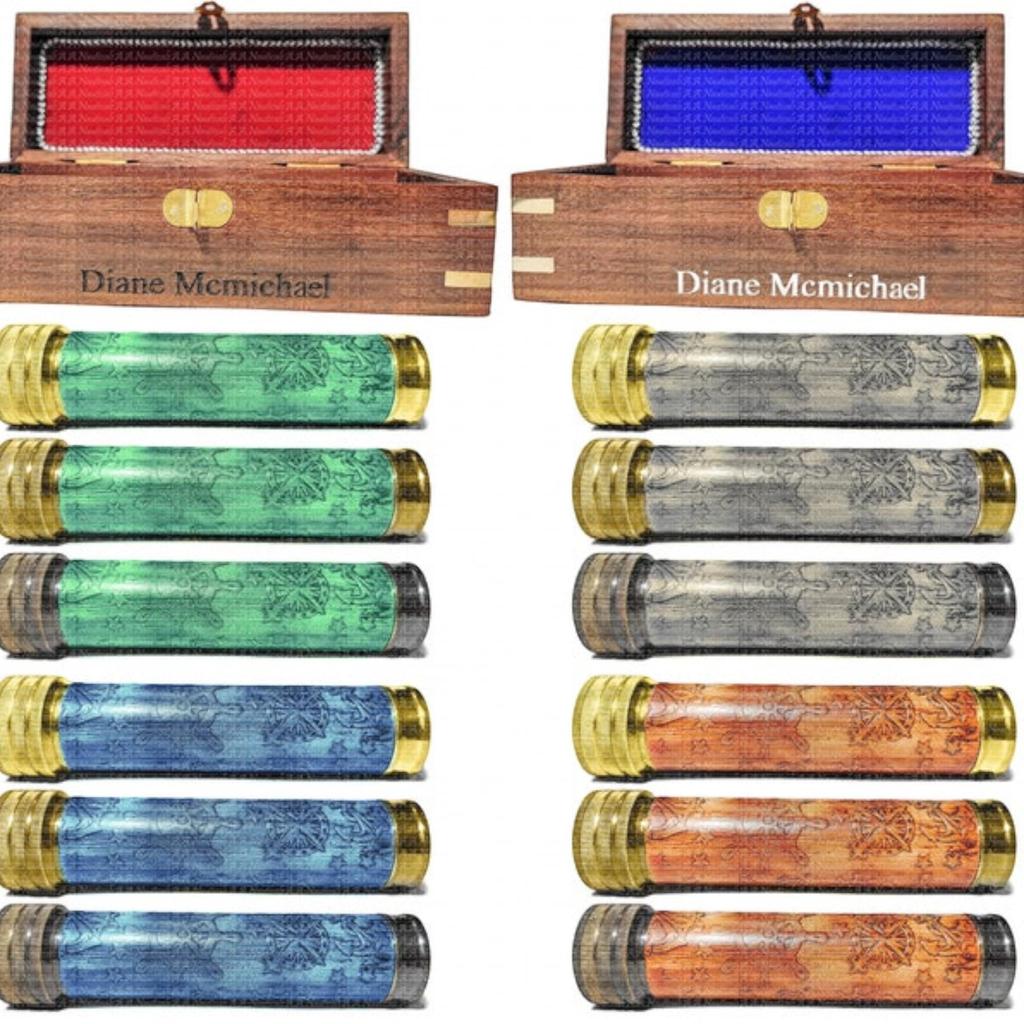 Custom Multicolor Brass Kaleidoscope with Leather and Wood Box Personalized Gift for Dads Men Women, Kids Birthdays, Christmas Decor (Gray)