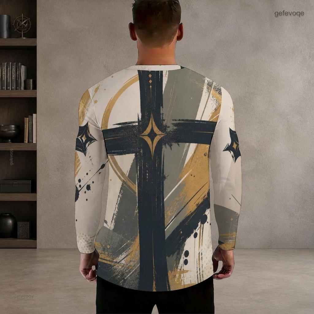 Men Plus Size Round Neck Long Sleeve Navy Blue Golden Geometric Printed T Shirt