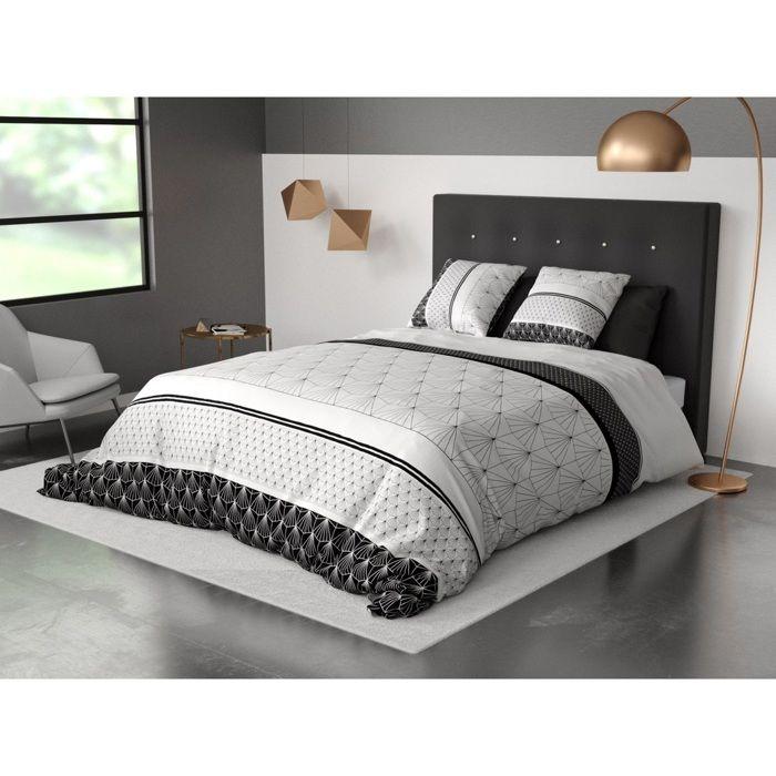 Parure de lit - Housse couette 220x240 cm - 2 taies - Graphique - Noir et blanc - Coton doux