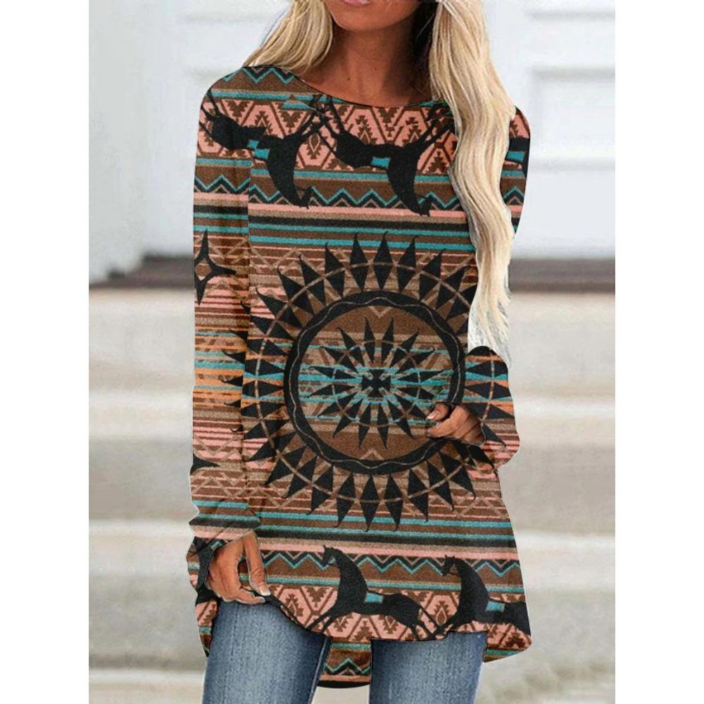 Футболка 3D Принт Футболки Женская Модная Футболка Длинный Рукав Этнические Топы Футболки Футболка с Принтом в Этническом Стиле Длинные Топы Женские