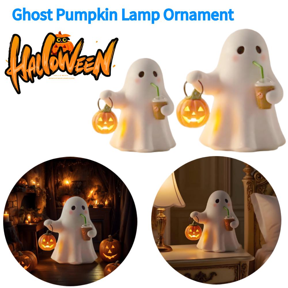 Nightstand Lamp Ghost Sculpture Statue Holding Pumpkin Drinking Ambient Lighting for Home Bookshelf Tabletop