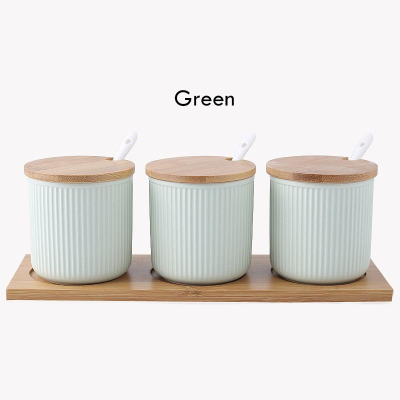 Керамическая банка для хранения приправ, соли, сахара, специй, перца с бамбуковой крышкой, поддон для 3 баночек для приправ с ложками