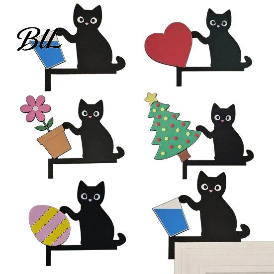 Unique Door Frame Decoration Wooden Cartoon Cat Pendant, Cute Black Corner Funny Topper Decoration, Decorative Wall Sticker for Photo Frames