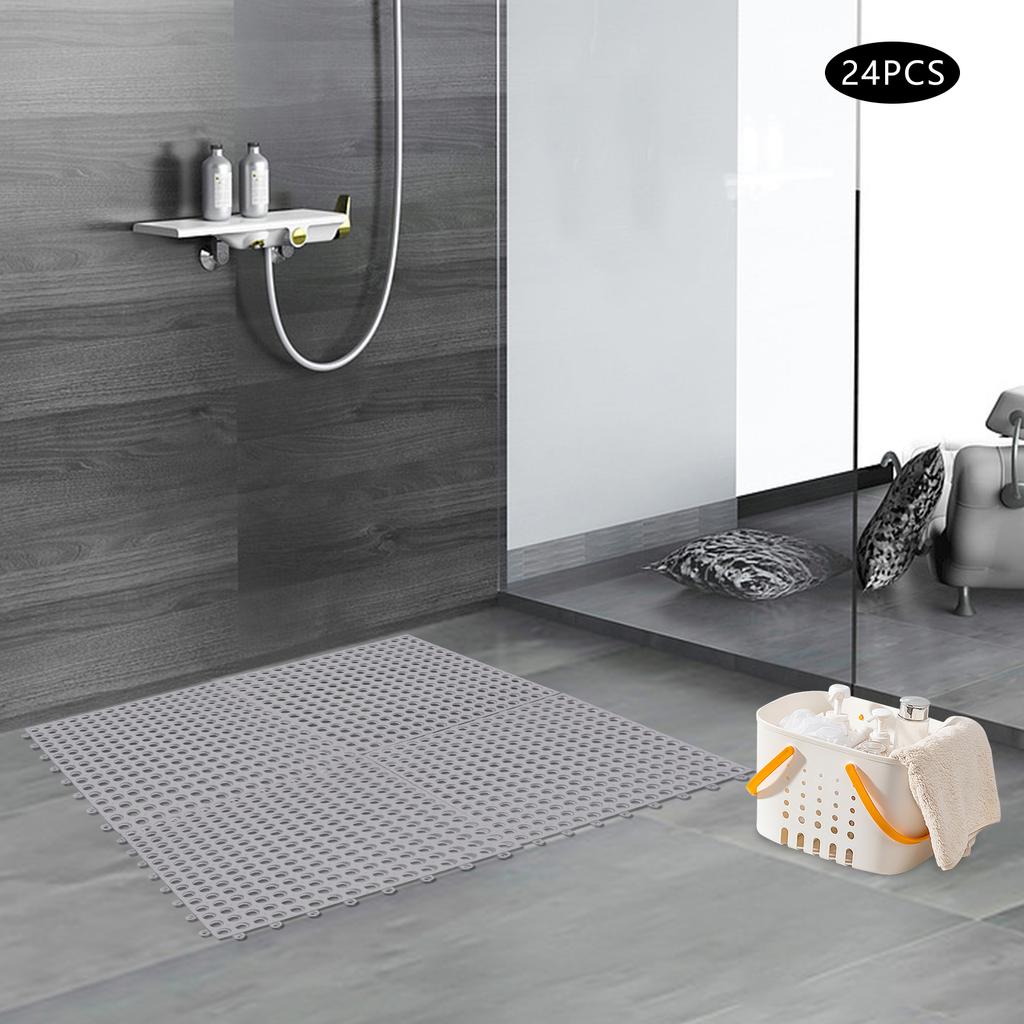 Набор из 24 взаимосцепляемых ковриков для ванной, Нескользящие ПВХ напольные плитки, 11,8 дюйма x 11,8 дюйма Мягкий водонепроницаемый коврик для душа, Дренажные отверстия, Толщина 1 см
