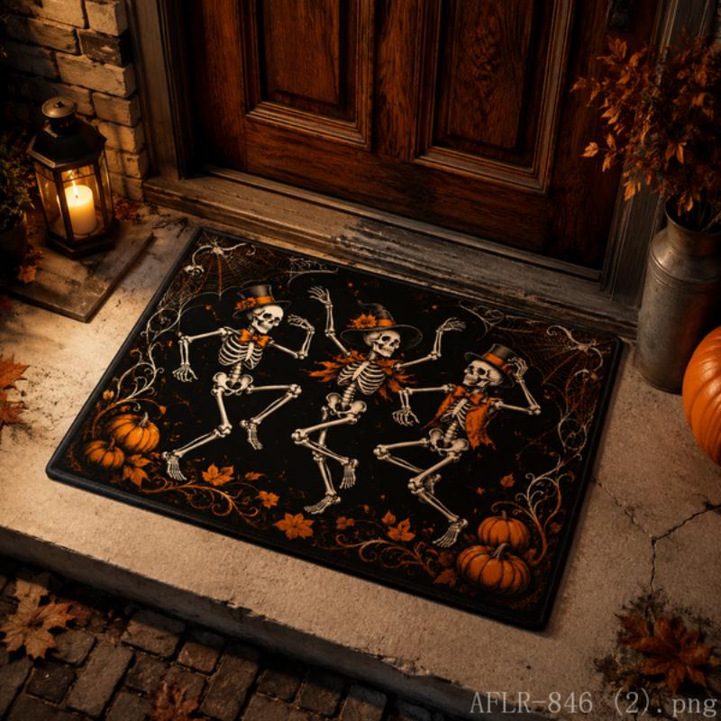 VIKAMA Day Of The Dead Skeleton With Top Hat Doormat Red Rose Border Non Slip Indoor Outdoor Front Door Decor Rug