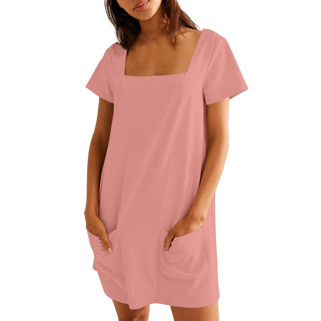 Женское однотонное повседневное платье с квадратным воротником и короткими рукавами, юбкой и карманом