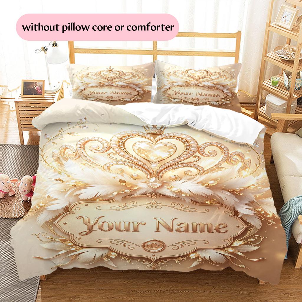 Custom Name,Elegant Crown Feather Series Pattern Bedding Home Decoration Birthday Gift ( 1 duvet cover + 2 pillowcase, without core),fan merchandise.