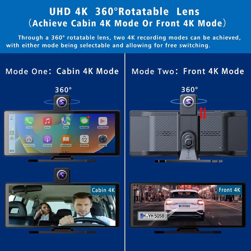 10,26-дюймовый 4K 3840*2160P Автомобильный видеорегистратор Carplay Android-Auto Видеорегистратор на приборную панель Кабина GPS 5G WIFI FM BT Двухлинзовая камера Видеорегистратор Запись движения