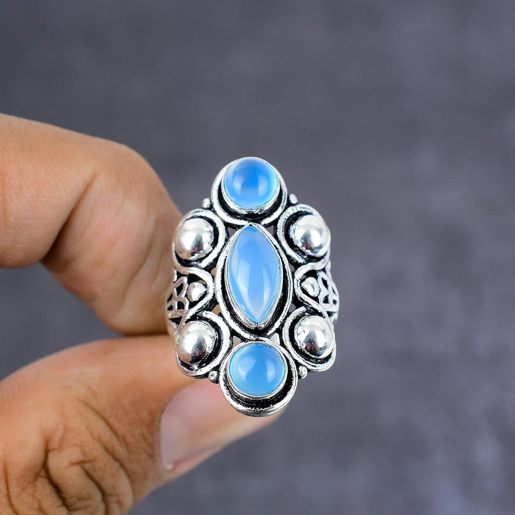 Кольцо из стерлингового серебра 925 пробы с натуральным синим халцедоном ручной работы, размер 7,5 o2Y88