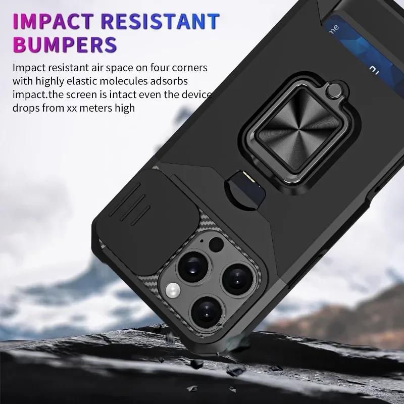 Защитный чехол для телефона IPhone 16 15 14 13 12 11 Pro Max с кольцом-подставкой, карманом для карт и защитным окошком для камеры, военного качества