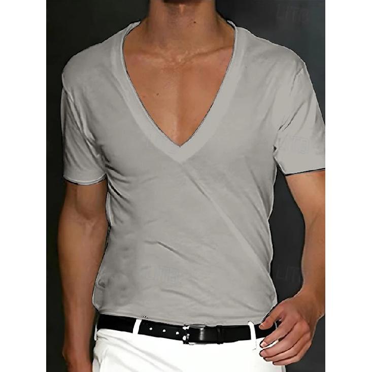 Мужская футболка Летняя мужская футболка с V-образным вырезом Однотонная Приталенная Тонкая Повседневная футболка С коротким рукавом Топ