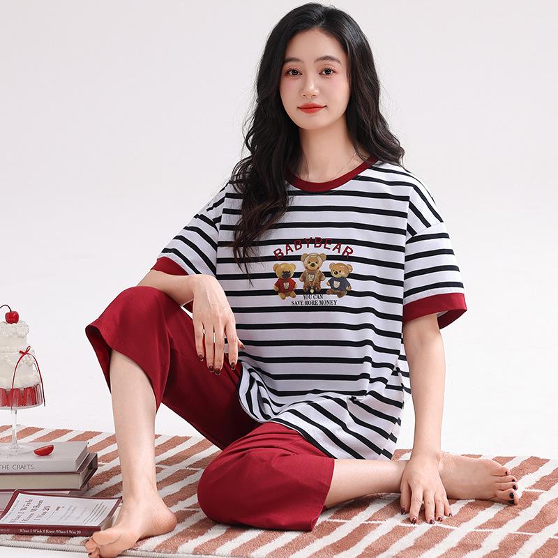 Pajamas women's 1011 new summer pure cotton summer casual short-sleeved cropped pants summer pink grid loungewear set