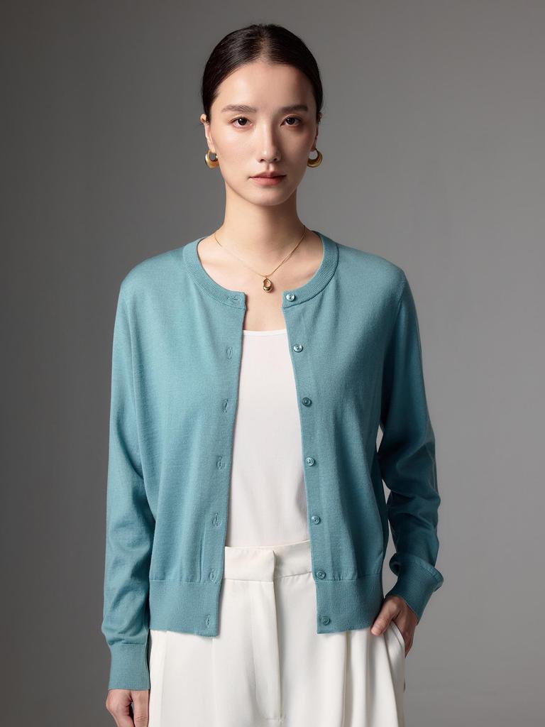 Merino Fine Spun Wool Women's Cardigan: 2026 Spring-Autumn Round Neck, Single-Breasted, Elegant Knit Sweater