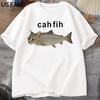 Футболка Cah Fih T-Shirt Fih Смешная с ошибкой Рыба Мем Футболка Кот и Рыба Графика Юмор Футболка Повседневная Хлопок Короткие Рукава Одежда