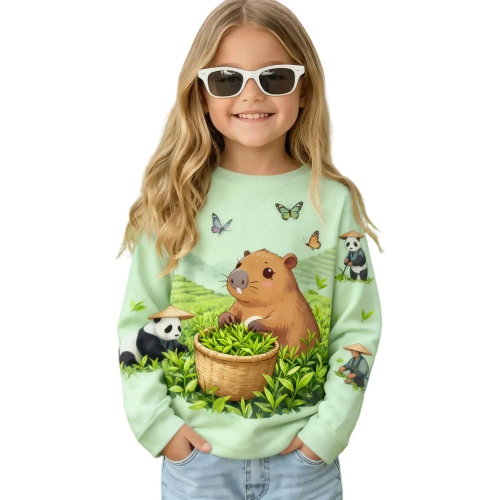 Spring and Autumn Round Neck Cartoon Capybara Pattern 3D Printed Top Fashionable Casual Long Sleeved Children's Girl T-shirts