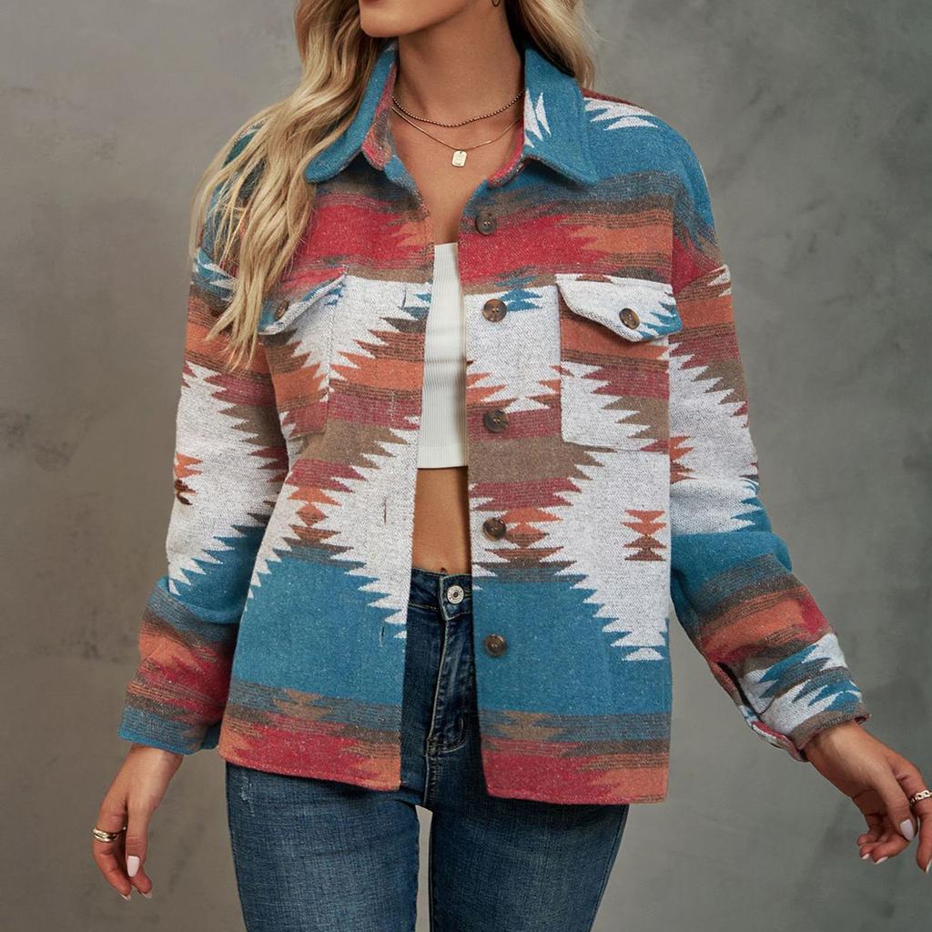 Женское модное пальто из шерсти с длинными рукавами, лацканами и принтом на пуговицах