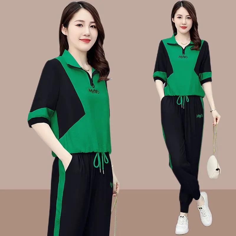 Модный костюм с футболкой на половину молнии, летний женский корейский повседневный модный спортивный костюм для бега, двухкомпонентный костюм
