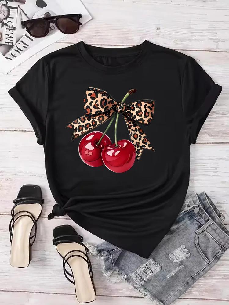 Fashion Cherry Print Women T-Shirt Short Sleeve Crew Neck Casual Tops for Summer Spring Women's Clothing Tops Tees Personality