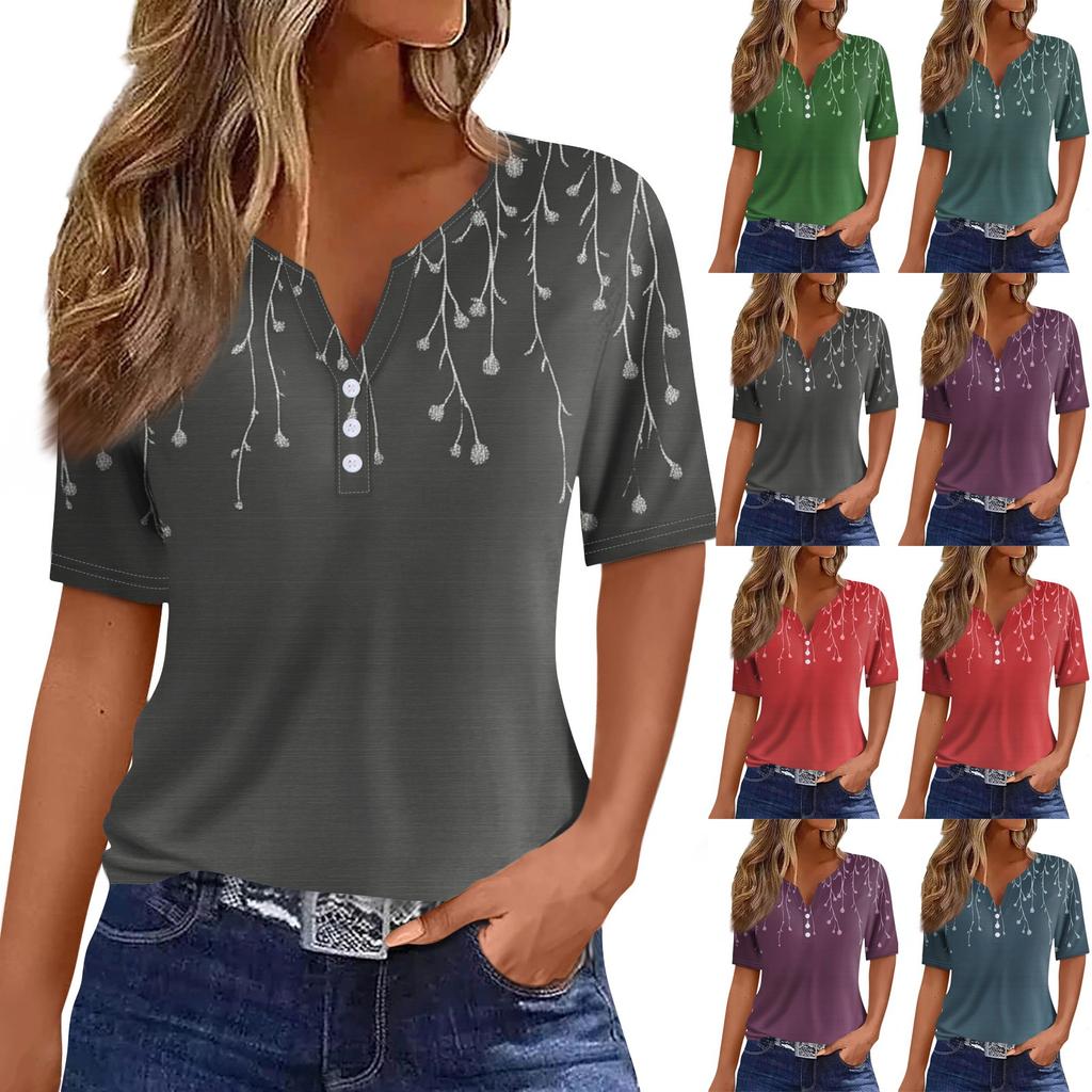Women's T Shirt Tee Print Button Short Sleeve Daily Weekend Fashion Basic V- Neck Regular Top