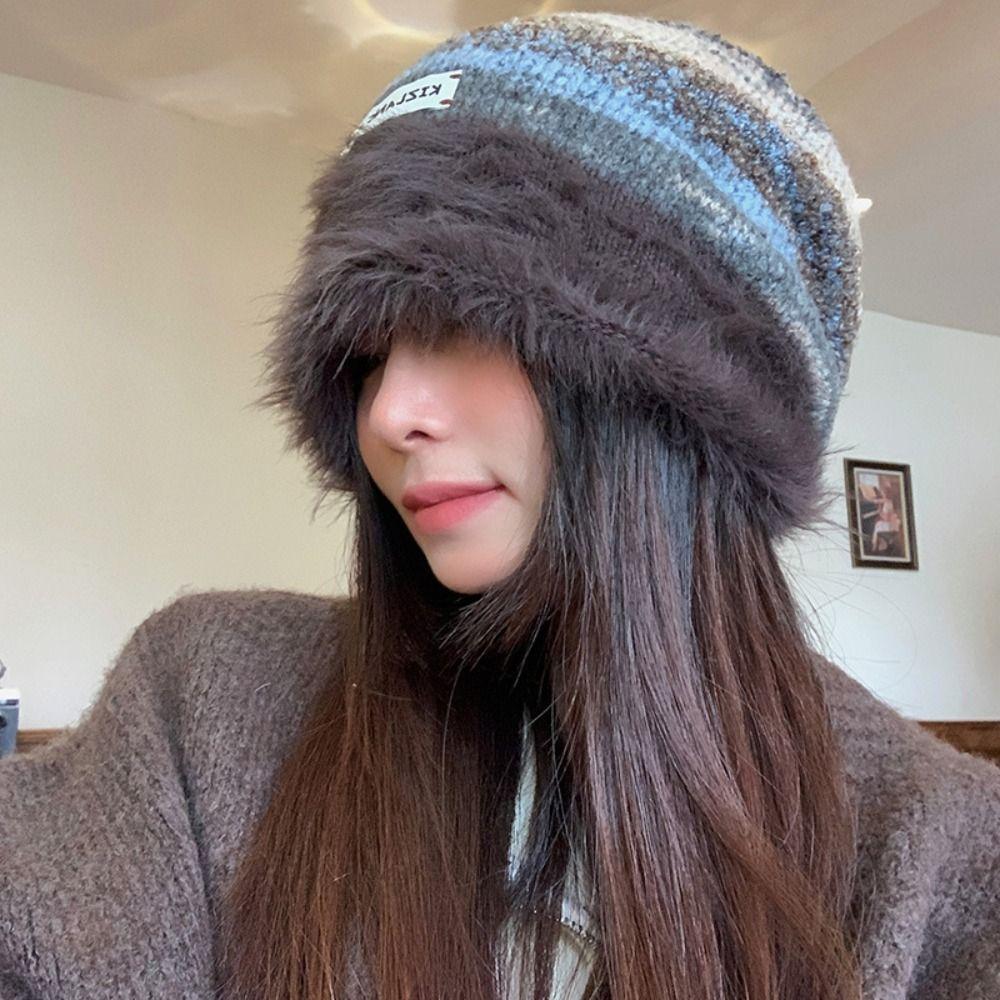 Autumn Winter Y2k Striped Hat Korean Women Beanie Hat Vintage Slouchy Woolen Hat  Outdoor