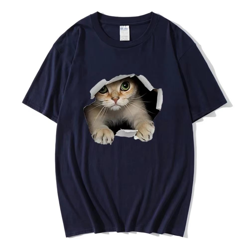 Cute Cat Print Men's Round Neck Short-sleeved T-shirt 100% Cotton Summer Casual Short-sleeved Harajuku Street Unisex Sports Top