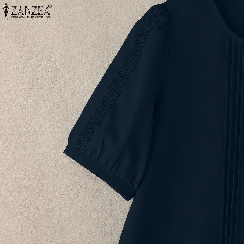 ZANZEA Женская летняя повседневная блузка с круглым вырезом и коротким рукавом