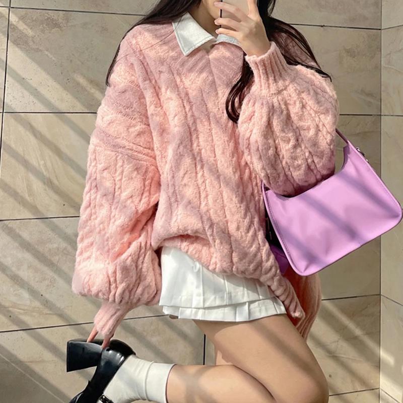 Корейские свободные зеленые свитера женские винтажные ленивые ветровки с V-образным вырезом милые вязаные пуловеры осенние повседневные свободные джемперы с длинным рукавом