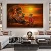 King Of Jungle Lion Abstract Art Poster Print Girl Caress Lion Sunset Wall Art Canvas Painting Living Room Home Decoration
