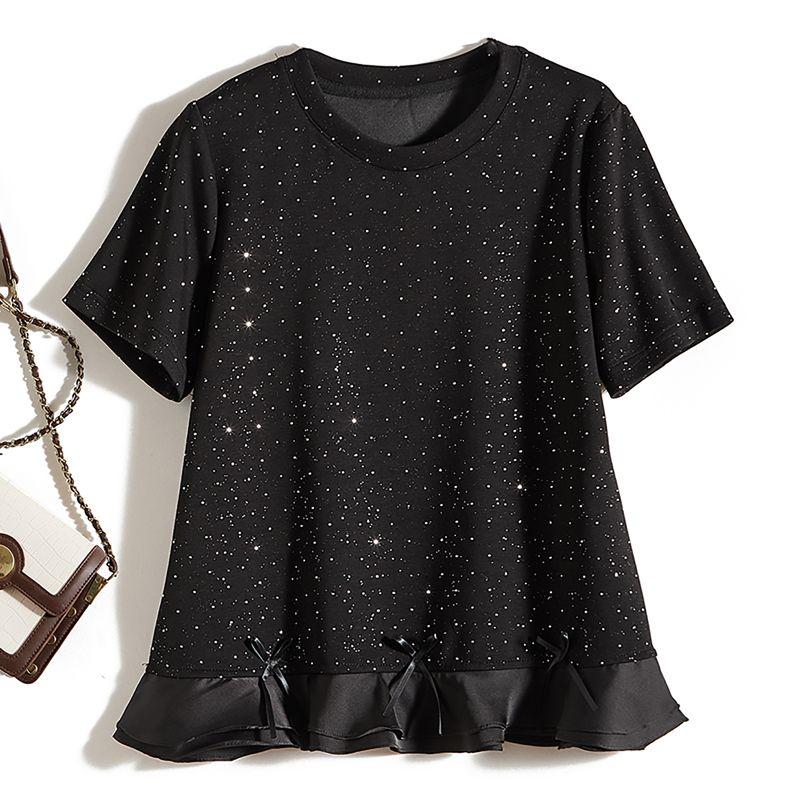 Is Drop-Shaped Diamond! Young Ins Women's Polyester Cotton Round Neck Pleated Fishtail Black Slim Looking T-shirt Spring, Summer, Autumn and Winter