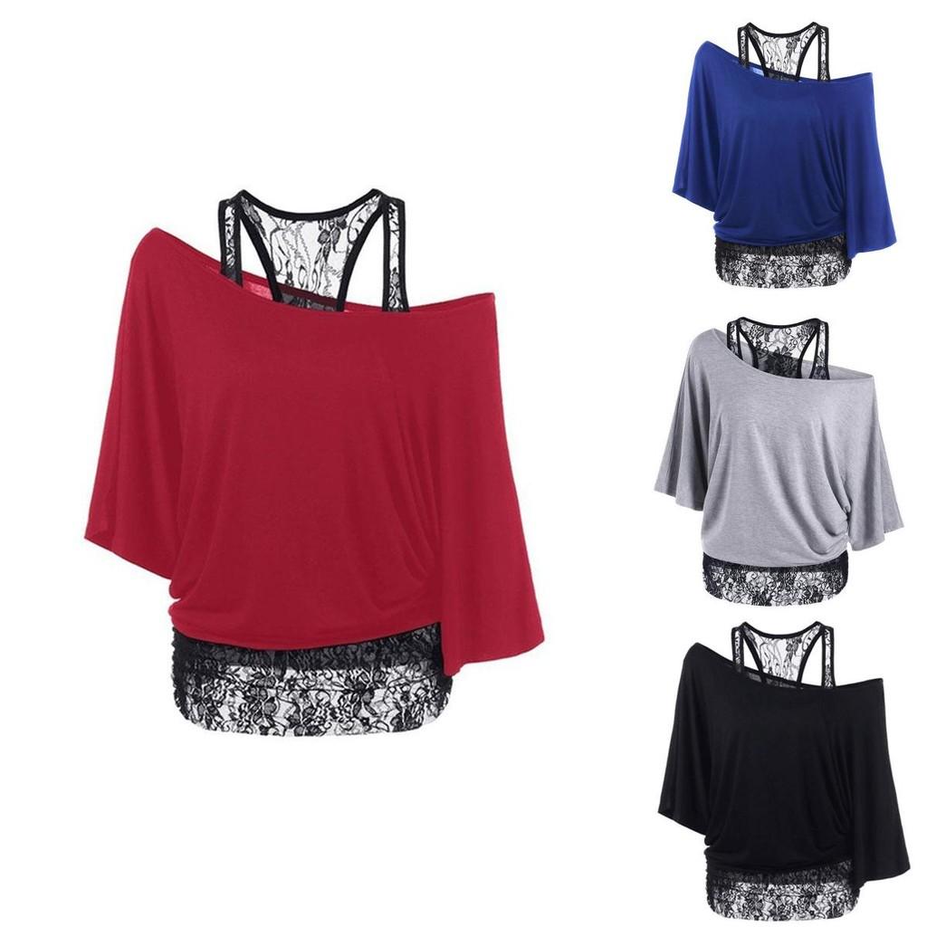 Size Plus Women Loose Vest Lace Stitching Oblique Collar Bat Tshirt Fashion