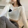 Women's Knitted Sweaters Lady Crop Top Hollow Out Mesh Thin Pullover See Through Look Lantern Sleeve Casual Loose Y2k Tops Smock
