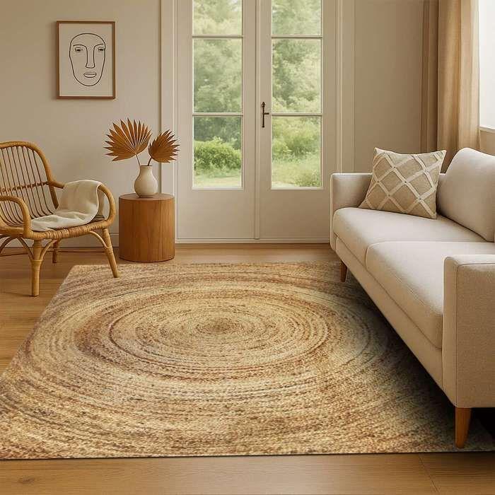 Tapis jute tressé main motif rond naturel 300x400 - style bohème