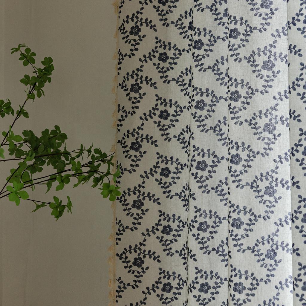 No Punching Through Rod Lace Curtain Finished American Blue Cotton And Linen Printing Balcony Bay Window Table Short Curtain Coffee Half Curtain